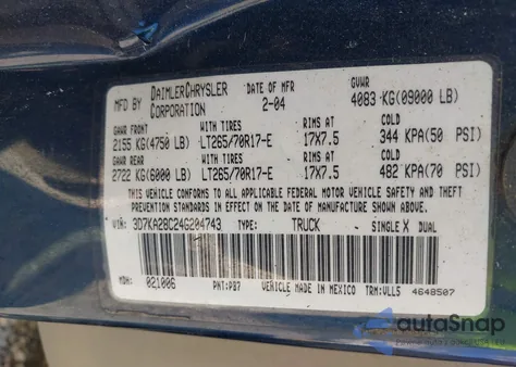 2004 Dodge Ram 2500 Slt/Laramie from USA, damaged, VIN 3D7KA28C24G204743